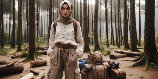 Outfit outbound untuk wanita berhijab - Linen Shirt Lengan Panjang dengan Celana Cargo