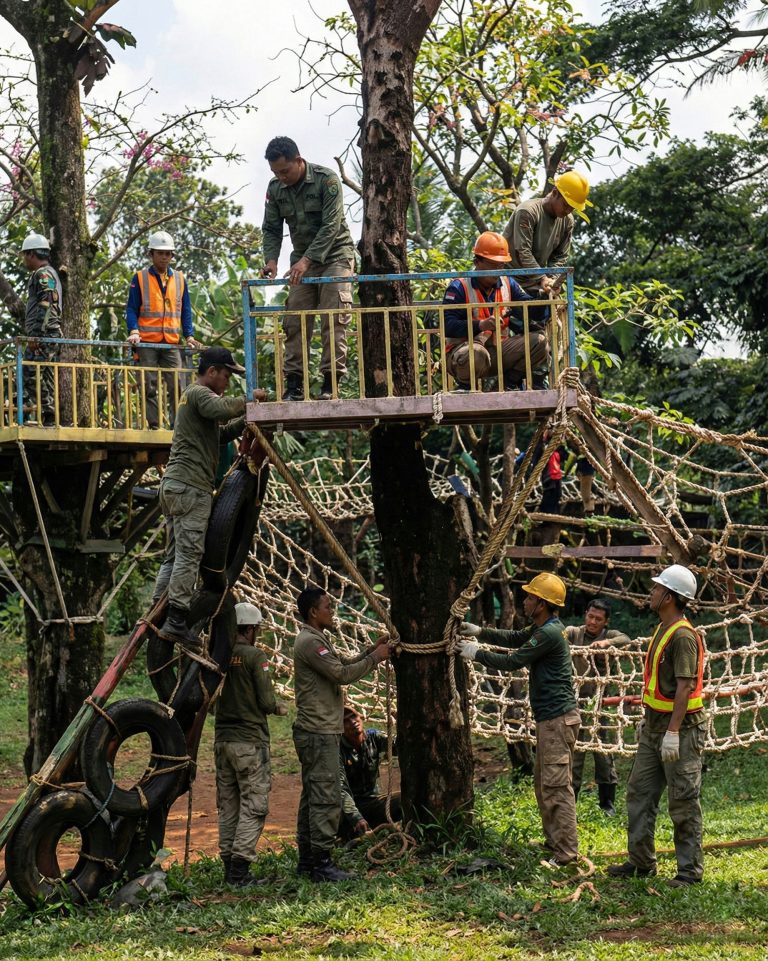 Proses pembangunan area outbound dengan struktur jaring dan platform kayu, beberapa pekerja melakukan pengecekan wahana.