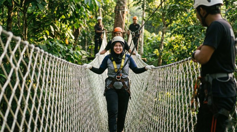 Peserta outbound melewati Net Bridge berupa jembatan jaring tali miring, memanjat atau berjalan di atas jaring dengan latar alam dan pepohonan
