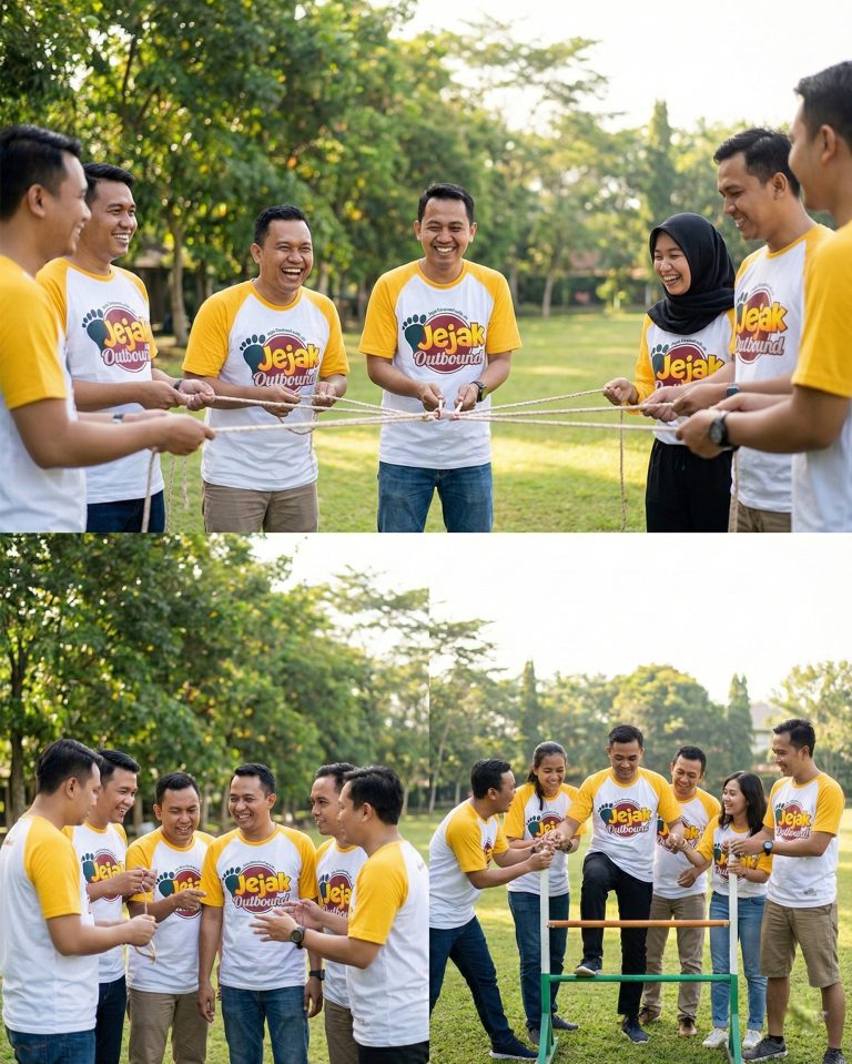 Kegiatan outing perusahaan di area outbound, peserta mengikuti aktivitas tim di ruang terbuka dengan suasana kerja sama dan kebersamaan.