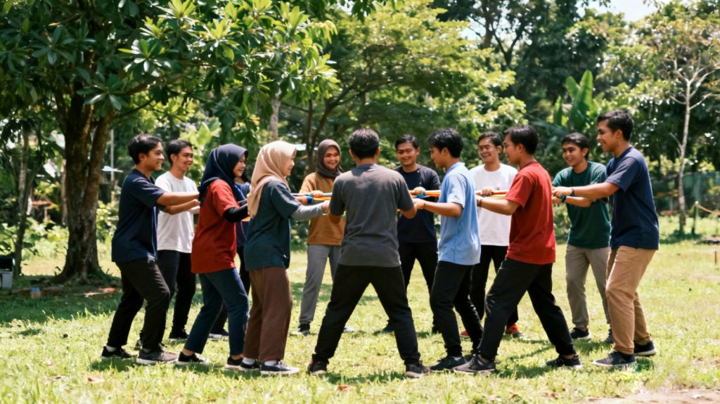 Kegiatan komunitas saat outbound di area outdoor.