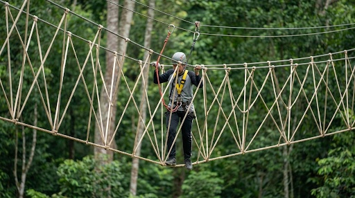 Peserta berjalan di atas Burma Bridge dengan satu tali pijakan dan dua tali samping sebagai pegangan, jembatan tali goyang di area outbound hutan.