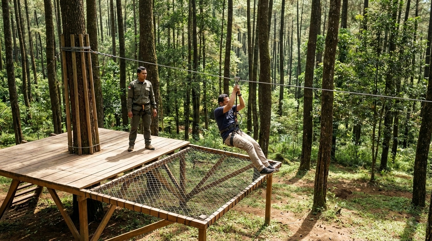 Peserta outbound sedang meluncur di wahana outbound flying fox.