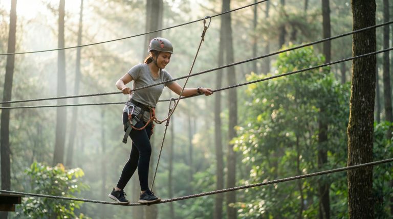 Peserta Indonesia melintas Three Line Bridge dengan satu tali pijakan dan dua tali pegangan di samping, wahana keseimbangan di area outbound.
